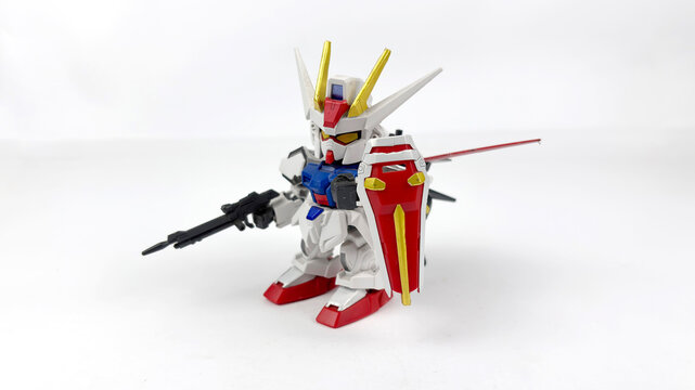Kediri, East Java, Indonesia &ndash; August 26, 2026: Gundam Robot Model Figure with Shield and Weapon Displayed on White Background
