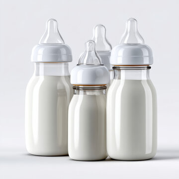 Baby bottle milk white plastic infant feeding nutrition clean group healthy. Baby bottles filled with white milk plastic material clean