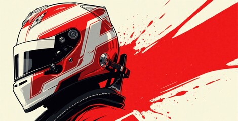 Naklejka premium Red and white racing helmet illustration with dynamic splash paint effect. Stylized graphic art shows speed and action, perfect for sport themes.