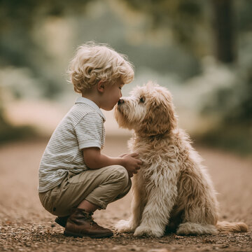 Boy and his golden retriever puppy sharing a tender loving moment, crouching outdoors on a path, showing friendship and childhood innocence