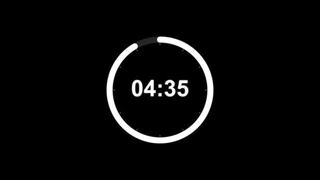 5 minute countdown timer complete in one minute. Minimalist digital countdown timer, white circular progress bar on black background, modern 5 minute clock interface for video editing