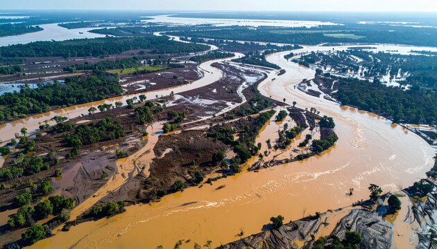 Aerial View of Extensive Muddy Floodwaters and Winding Streams After Heavy Rain