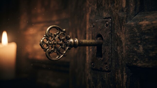 Antique key in old wooden door lock