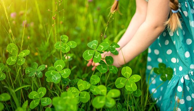 Child Finding Lucky Four-Leaf Clovers in Green Summer Meadow