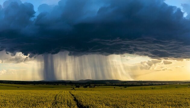 Dramatic Rain Shaft Falling from Storm Clouds Over Yellow Rapeseed Field at Sunset