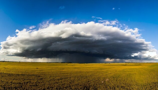 Dramatic Massive Shelf Cloud Storm Approaching Over a Vast Golden Field