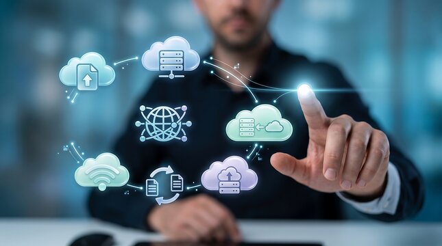 Cloud computing specialist touching holographic interface with network storage and data synchronization icons for secure enterprise information management and digital infrastructure