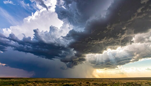 Dramatic Storm Clouds and Sunbeams Over Plain Representing Extreme Weather and Climate Change