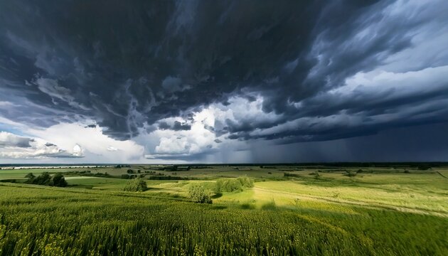 Dramatic Storm Clouds Swirling Over Green Rural Landscape