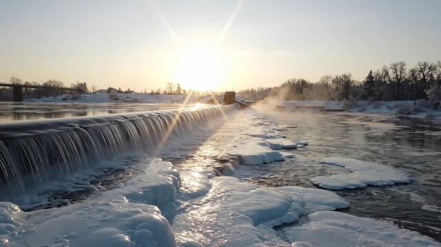 Golden rays of sunlight break through a winter dawn, casting a warm glow on a frozen waterfall. Ice glimmers in the smooth water, blending beauty and serenity in a peaceful landscape.
