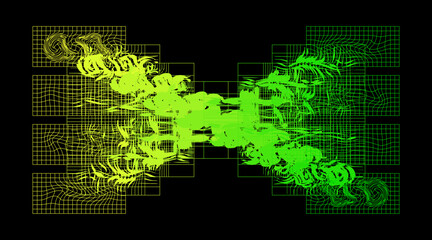 Fototapeta premium Futuristic Cyberpunk Neon Green and Yellow Abstract Graphic Element with Grid Wireframe Patterns on Black Background, Y2K Acid Techno Art Style Digital Design Asset