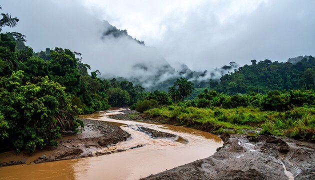 Firefly Muddy river crossing in a remote tropical landscape after monsoon rain, thick wet soi 529318 - High Quality Comm