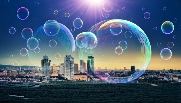 Giant Iridescent Soap Bubbles Floating Over Modern City Skyline at Sunset