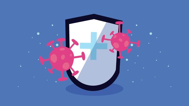 Animated shield with plus symbol protects against attacking coronavirus particles in motion.