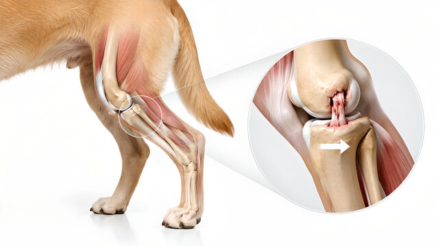 Canine stifle joint cranial cruciate ligament rupture with forward tibial instability, photorealistic veterinary education image for pet owners, clinic websites, and animal health communication
