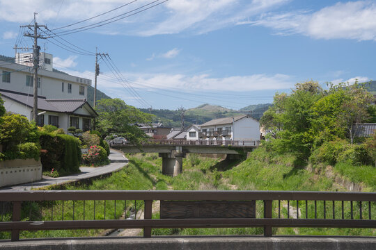 Quiet riverside townscape in Yufuin, Oita, Japan