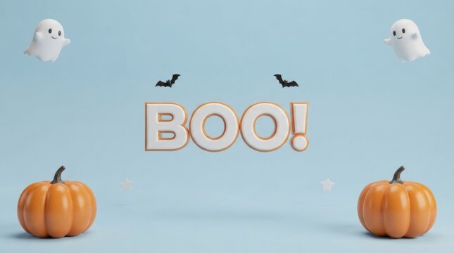 Festive halloween scene with pumpkins ghosts and wooden block letters spelling boo