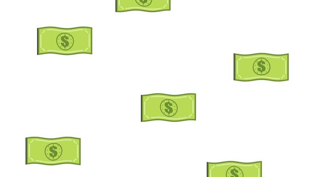 Dynamic financial motion graphic showing a seamless loop of dollar bills falling down on a white background.