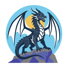 Fototapeta premium Dragon standing on rock with moon behind wings fantasy creature mythology