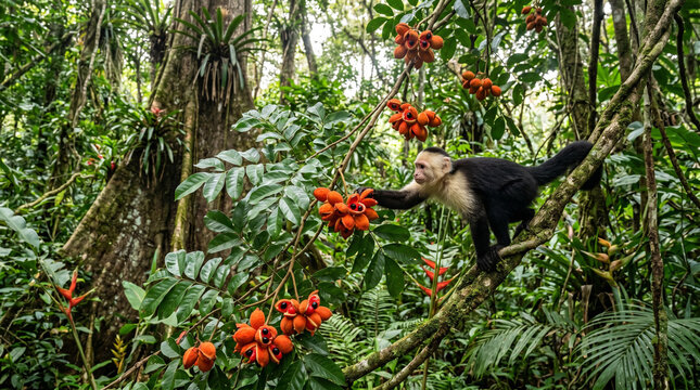 Capuchin monkey reaching for bright orange tropical fruit clusters hanging from lush green jungle tree branches