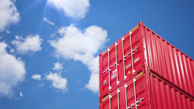 Import and export business concept. low angle view of red shipping container against clear clouds blue sky. 3d animation. timelapse.