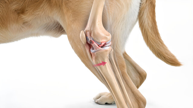 Canine stifle joint cranial cruciate ligament rupture with forward tibial instability, photorealistic veterinary education image for pet owners, clinic websites, and animal health communication