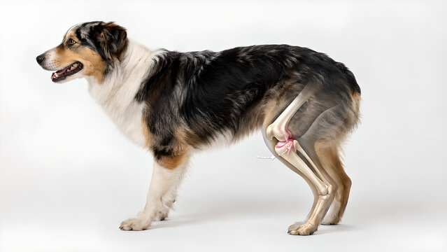 Canine stifle joint cranial cruciate ligament rupture with forward tibial instability, photorealistic veterinary education image for pet owners, clinic websites, and animal health communication