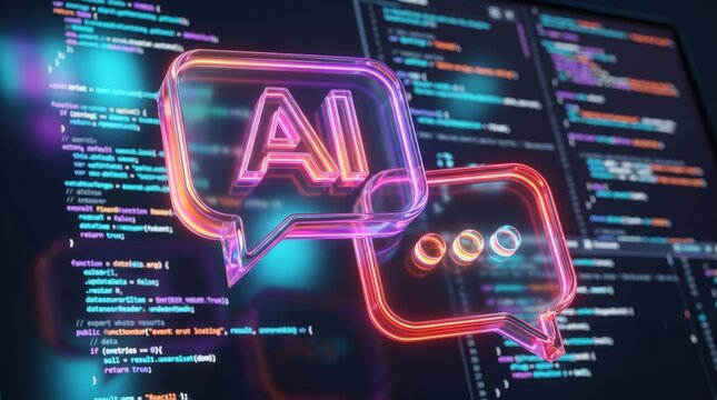 Glass AI speech bubbles floating above background programming code
