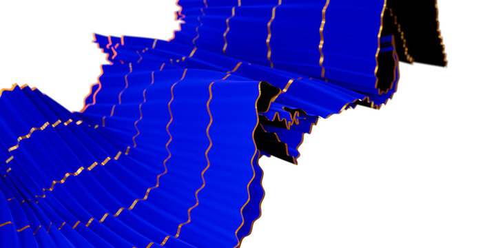 Flowing Blue Pleated fabric with golden stripes. Flowing Wavy Fabric