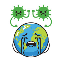 Fototapeta premium Earth crying with sad virus faces above it on white background