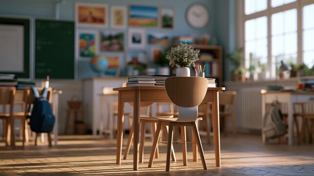 Sunlit classroom interior with wooden desks and chairs