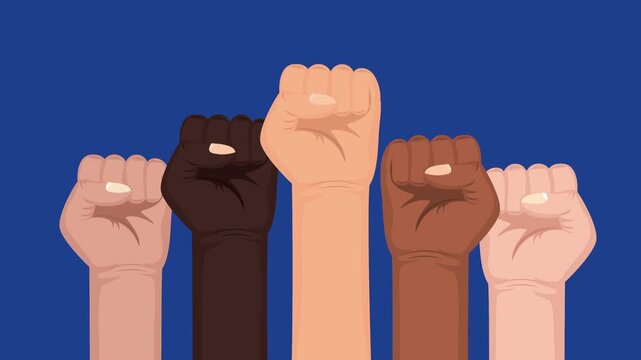 Animation of diverse fists raised in protest against blue background representing unity and social justice.