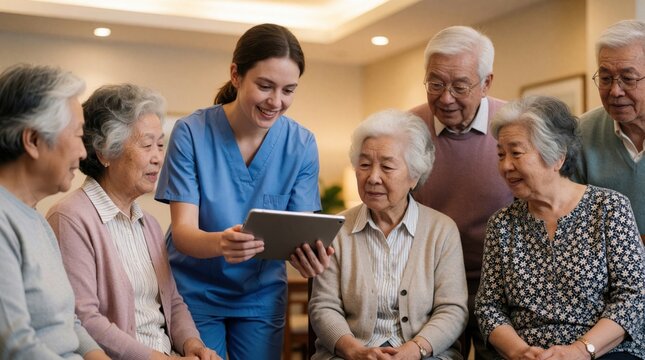 Nurse shows tablet to elderly Asian group in community center. Seniors watch screen, engage with technology. Caregiver helps old people learn new things.