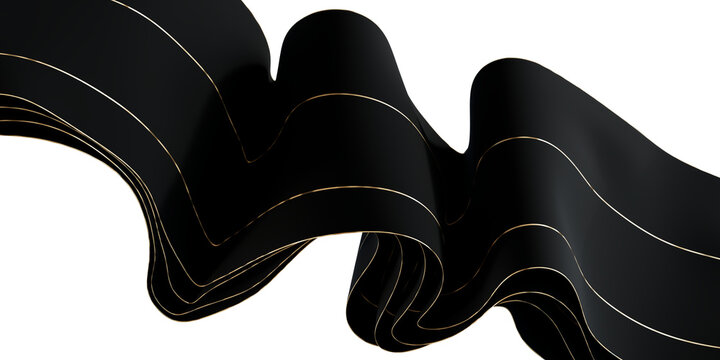 Smooth Wavy Black Silk Ribbons with Gold Trim Lines