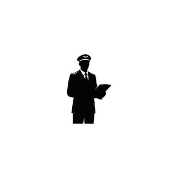 Silhouette of an airline pilot in uniform holding a clipboard for flight preparation.