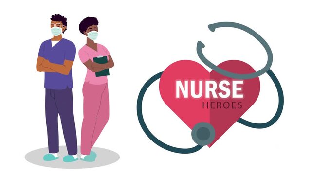 Afro american nurses characters animation wearing face masks with stethoscope and heart logo background.
