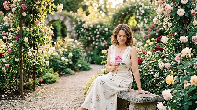Young Woman Sitting on Garden Bench in Blooming Rose Garden During Sunset
