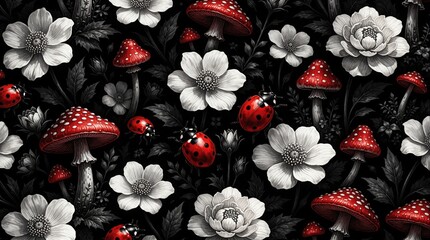 Naklejka premium Dark floral seamless pattern features red mushrooms and white flowers with ladybugs. Gothic botanical illustration repeats across background for fabric or wallpaper.