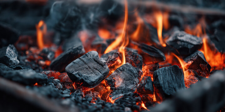 Glowing Charcoal and Burning Embers at Full Heat in Metal Barbecue with Smoke