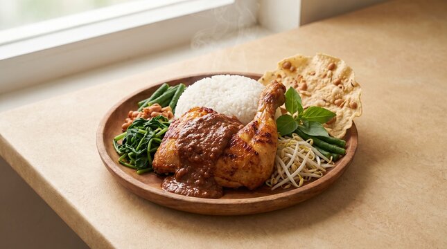 Pecel Ayam Madiun with chicken, rice, blanched vegetables and rich peanut sauce, photographed for restaurant menus, food delivery marketing and Indonesian culinary advertising.