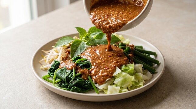 Pecel Madiun vegetables covered with traditional peanut sauce, highlighting fresh textures and rich seasoning for food advertising, culinary articles and healthy meal campaigns.