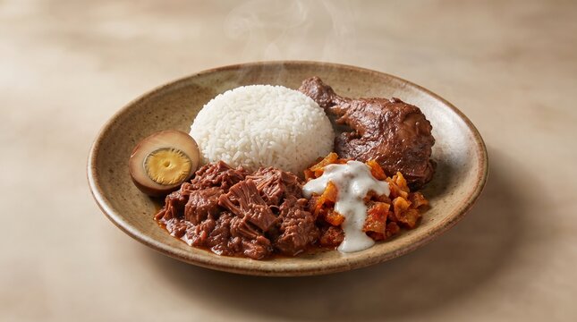 Authentic Gudeg Yogyakarta with young jackfruit, rice, chicken, pindang egg and krecek, photographed for Indonesian restaurant menus, culinary advertising and tourism campaigns.