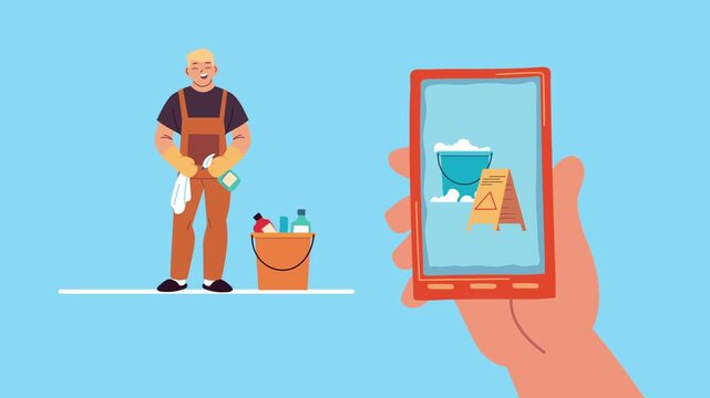 Cleaning service worker with bucket and smartphone animation, featuring professional equipment and digital service booking.