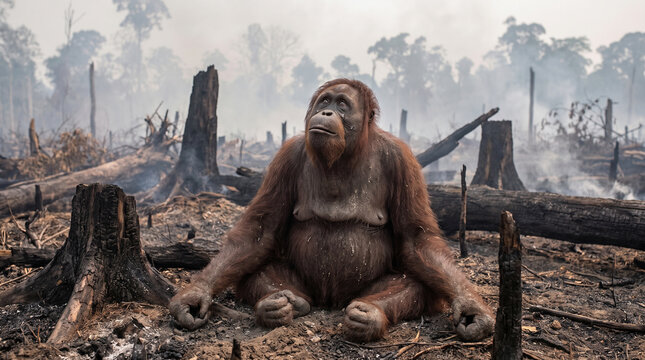 An orangutan sits amidst the devastation of a deforested and burned-out jungle, a stark symbol of habitat loss.
