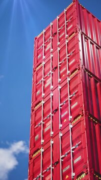 Commercial logistics cargo delivery, Red steel container against blue sky clouds. 3d animation. time lapse.