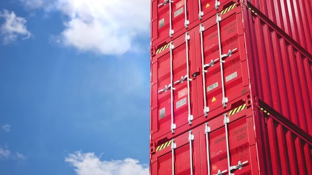 Commercial logistics cargo delivery, Red steel container against blue sky clouds. 3d animation. time lapse.