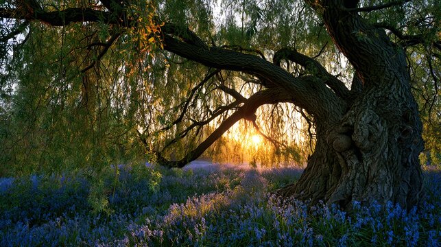 Ancient willow tree sweeping branches over bluebell meadow, leaves catching orange flare of horizon, twilight glow, serene landscape