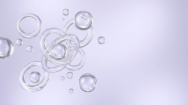 Clear Glass Bubbles and Rings Floating in Light Purple Background