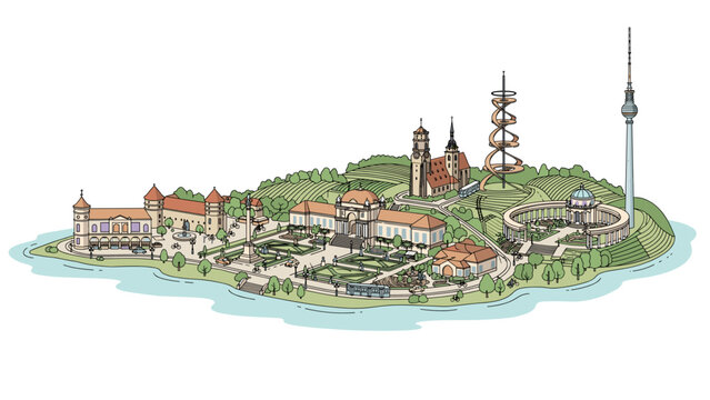 Stuttgart city landmarks vector illustration with famous architecture palaces and TV tower