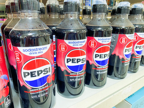 Milton USA - August,18 2026: Sodastream Pepsi Zero Sugar Wild Cherry and Cream drink mix bottles on a store shelf